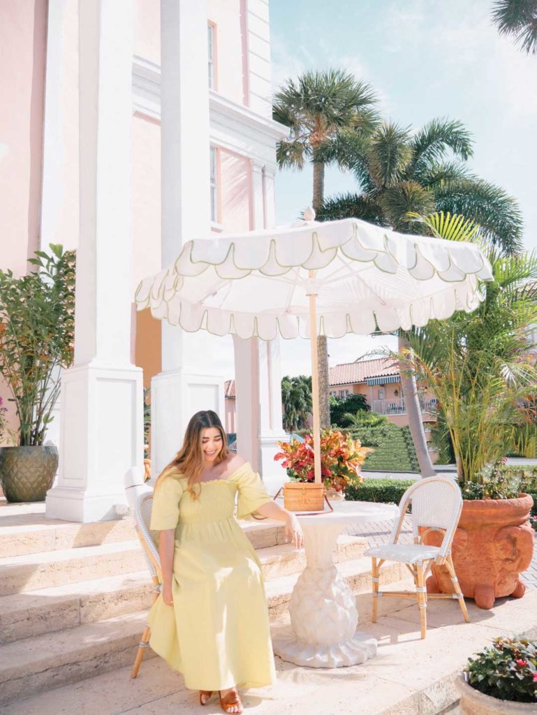 The Colony Hotel Palm Beach, Anthropologie Maxi Spring Dress, Pink golf cart, Palm beach, florida blogger, hotel content creation