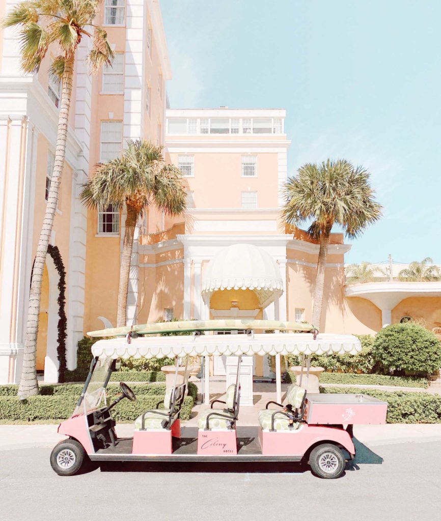 The Colony Hotel, Pink and Banana leaf gold cart, beverly hills, Palm Beach